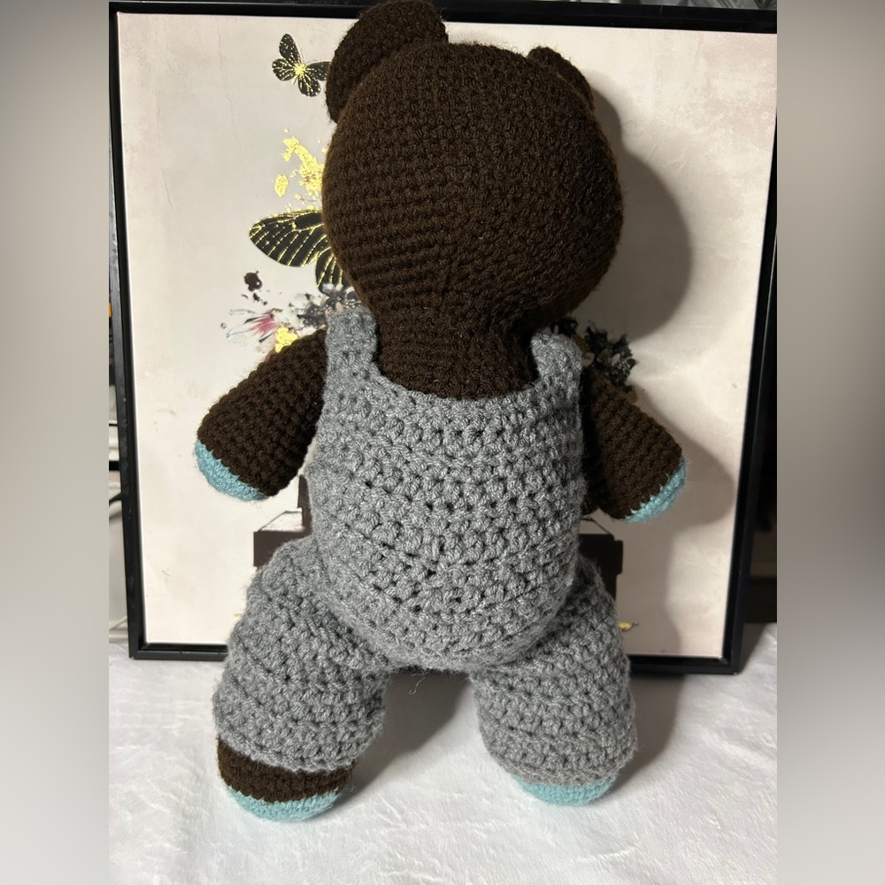 Crochet Teddy Bear with Grey overalls - Handmade - Picture 2 of 4